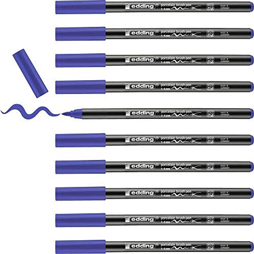 edding 4200 Porzellanpinselstift - blau - 10 Stifte - Pinselspitze 1-4 mm - Filzstift zum Beschriften u. Dekorieren von Keramik, Porzellan - spülmaschinenfest, lichtechte Tinte, schnell trocknend von edding