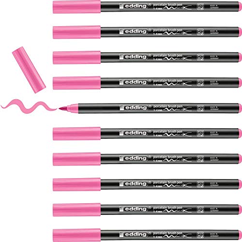 edding 4200 Porzellanpinselstift - pink - 10 Stifte - Pinselspitze 1-4 mm - Filzstift zum Beschriften u. Dekorieren von Keramik, Porzellan - spülmaschinenfest, lichtechte Tinte, schnell trocknend von edding