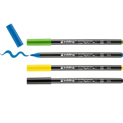 edding 4200 Porzellanpinselstift - schwarz, gelb, blau, grün - 4 Stifte - Pinselspitze 1-4 mm - Filzstift für Keramik, Porzellan - spülmaschinenfest, lichtechte Tinte, schnell trocknend von edding