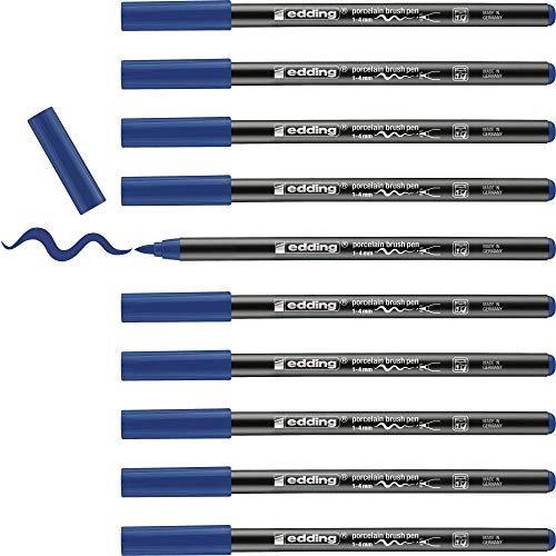 edding 4200 Porzellanpinselstift - stahlblau - 10 Stifte - Pinselspitze 1-4 mm - Filzstift zum Beschriften u. Dekorieren von Keramik, Porzellan - spülmaschinenfest, lichtecht, schnell trocknend von edding