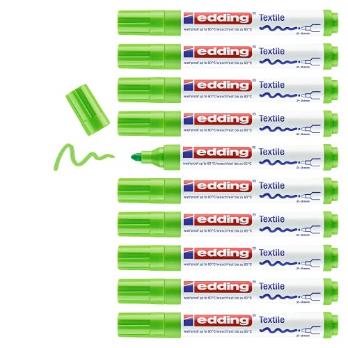 edding 4500 Textilmarker - hell-grün - 10 Stück - Rundspitze 2-3 mm - Textilstifte waschmaschinenfest (60 °C) zum Stoff bemalen - Stoffmalstift von edding