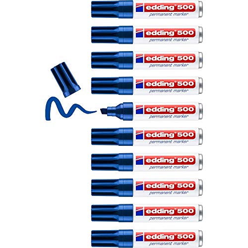 edding 500 Permanentmarker - blau - 10 Stifte - Keil-Spitze 2-7 mm - wasserfest, schnell-trocknend - wischfest - für Karton, Kunststoff, Holz, Metall, Glas von edding