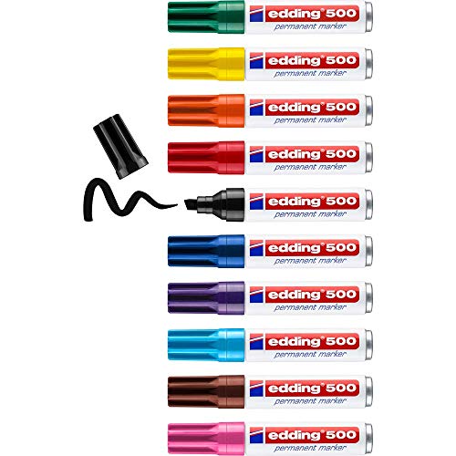 edding 500 Permanentmarker - mehrfarbig - 10 Stifte - Keil-Spitze 2-7 mm - wasserfest, schnell-trocknend - wischfest - für Karton, Kunststoff, Holz, Metall, Glas von edding
