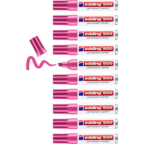 edding 500 Permanentmarker - pink - 10 Stifte - Keil-Spitze 2-7 mm - wasserfest, schnell-trocknend - wischfest - für Karton, Kunststoff, Holz, Metall, Glas von edding