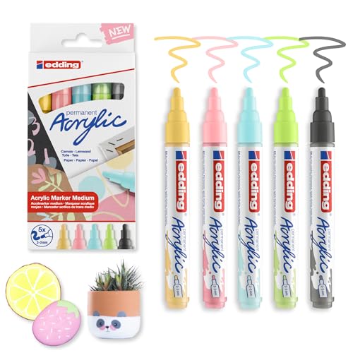 edding 5100 Acrylmarker - grau, gelb, blau, grün, rosa - 5 Acrylfarben Set (pastell) - Rundspitze 2-3 mm - Acryl Farben für Leinwand, Holz, Steine - Acrylstifte für Steine wasserfest von edding