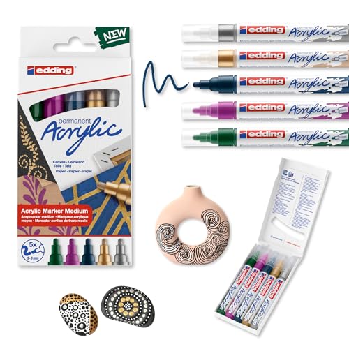 edding 5100 Acrylmarker - grün violett blau silber gold - 5 Acrylfarben Set (festlich) - Rundspitze 2-3 mm - Acryl Farben zum Malen auf Leinwand, Holz, Steine - Acrylstifte für Steine wasserfest von edding