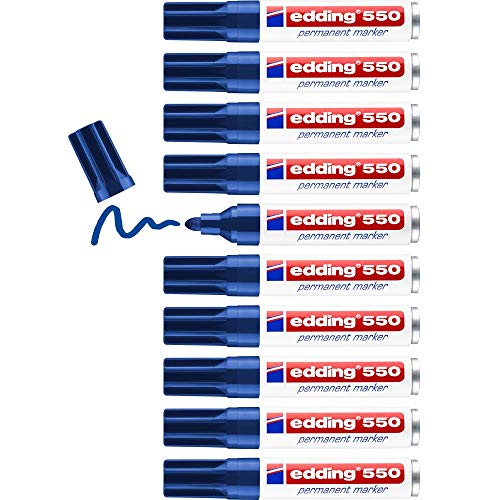 edding 550 Permanentmarker - blau - 10 Stifte - Rundspitze 3-4 mm - wasserfest, schnell-trocknend - wischfest - für Karton, Kunststoff, Holz, Metall, Glas von edding