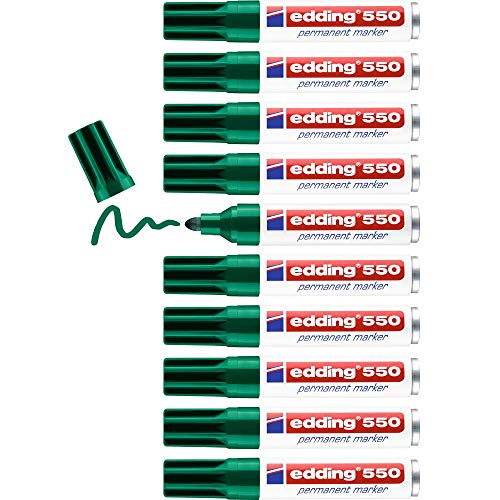 edding 550 Permanentmarker - grün - 10 Stifte - Rundspitze 3-4 mm - wasserfest, schnell-trocknend - wischfest - für Karton, Kunststoff, Holz, Metall, Glas von edding