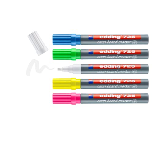 edding 725 neon board marker - Set mit 5 Neonstiften - Meißelfeder 2-5 mm - Whiteboard, Kreidetafel, Glas, Spiegel - für leuchtende Markierungen in dunklen Räumen, dunklen Oberflächen edding 725 neon board marker - Set mit 5 Neonstiften - Meißelfeder 2-5 mm - Whiteboard, Kreidetafel, Glas, Spiegel - für leuchtende Markierungen in dunklen Räumen, dunklen Oberflächen von edding