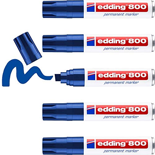 edding 800 Permanentmarker - blau - 5 Stifte - Keil-Spitze 4-12 mm - für breite Markierungen - wasserfest, schnell-trocknend, wischfest - für Karton, Kunststoff, Holz, Metall, Glas von edding