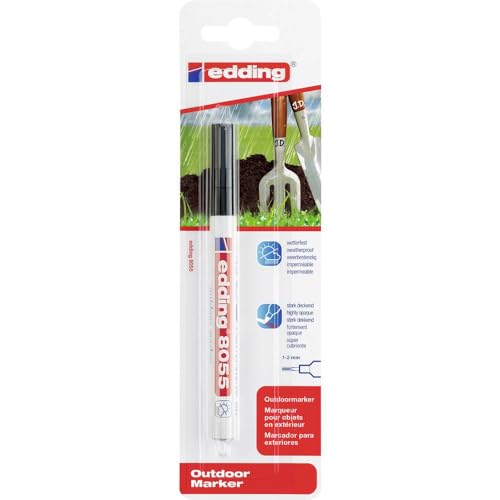 edding 8055 Outdoormarker - schwarz - 1 Lackstift - Rundspitze 1-2 mm - stark deckend, wasserfest - Lackmarker für den Außenbereich - permanentes Beschriften z.B. von Mülltonnen, Kinderspielzeug von edding