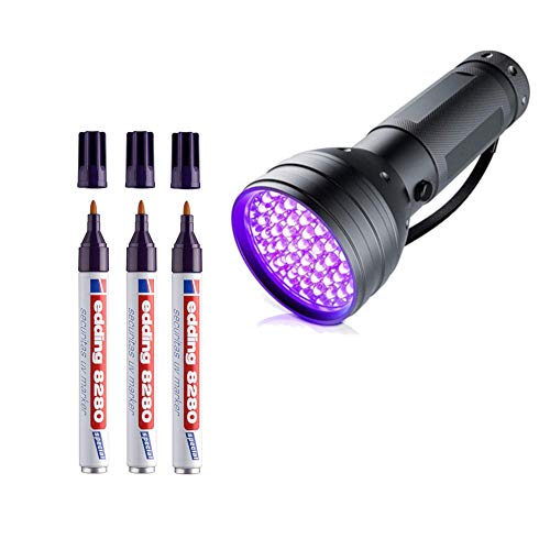edding 8280 Securitas UV Marker, Strichbreite ca. 1,5-3 mm, permanent (3 Marker mit 51 LED Lampe) von edding