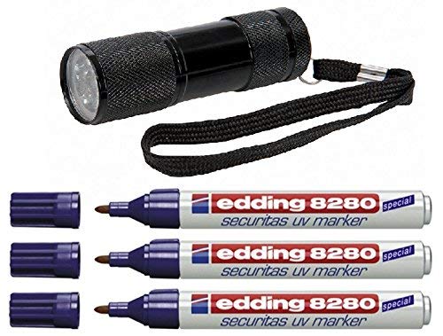 edding 8280 Securitas UV Marker, Strichbreite ca. 1,5-3 mm, permanent (3 Marker mit 9 LED Lampe) von edding