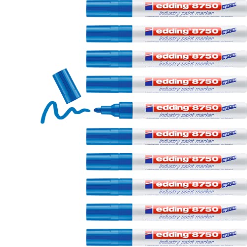 edding 8750 Industry Lackmarker - blau - 10 Stifte - Rundspitze 2-4 mm - Lackmarker zum Schreiben auf staubigen, leicht öligen Oberflächen, Reifen, Metall, Glas und Holz - permanent, wasserfest von edding