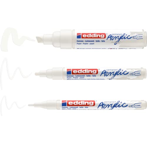 Edding Acrylfarben-Set Allround Weiß - Weiß - 3 wasserdichte Acrylstifte – feine, mittlere und dicke Spitzen – Acrylstift zum Malen auf Leinwand, Kunstpapier und Holz – Acrylmarker für Kieselsteine von edding
