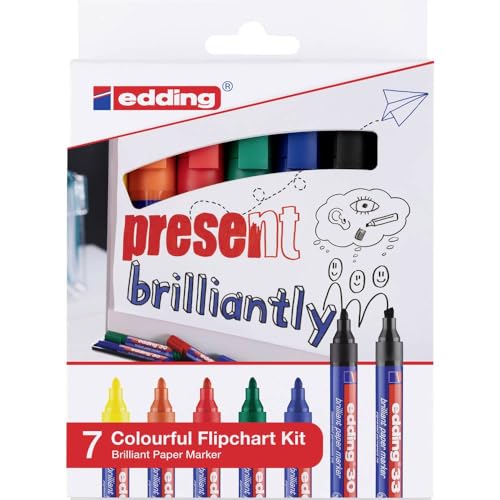 edding Colourful Flipchart Kit - Marker für Flipchart - 7er Set - leuchtende bunte Farben - Tinte schlägt nicht durchs Papier - zum Visualisieren am Flipchart, Sketchnotes - Flipchart-Stifte von edding