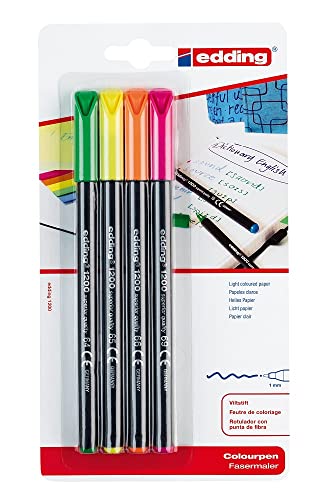 edding 1200 Fasermaler fein - schwarz, rot, blau, grün - Packung mit 4 bunten Stiften - Rundspitze 1 mm - Filzstift zum Zeichnen und Schreiben - für Schule, Mandala von edding