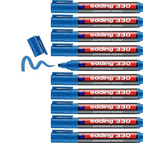 edding 330 Permanentmarker - hell-blau - 10 Stifte - Keil-Spitze 1-5 mm - wasserfest, schnell-trocknend - wischfest - für Karton, Kunststoff, Glas, Holz, Metall, Glas von edding
