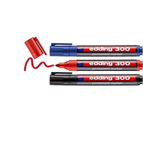 edding 300 Permanentmarker - schwarz, rot, blau - 3 Stifte - Rundspitze 1,5-3 mm - wasserfest, schnell-trocknend - wischfest - für Karton, Kunststoff, Glas, Holz, Metall, Glas edding 300 Permanentmarker - schwarz, rot, blau - 3 Stifte - Rundspitze 1,5-3 mm - wasserfest, schnell-trocknend - wischfest - für Karton, Kunststoff, Glas, Holz, Metall, Glas von edding