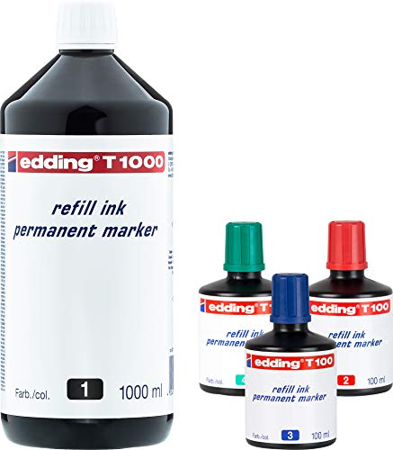 edding T100 Permanentmarker Nachfülltinte - Inhalt: 1000ml schwarz - je 100ml rot, blau und grün - Tusche Permanent Marker (Maxi Set) von edding