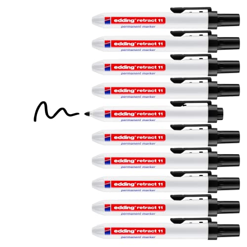 edding retract 11 Permanentmarker - schwarz - 10 Stifte - Rundspitze 1,5-3 mm - wasserfest, schnell-trocknend - für einfache Einhandbedienung - für Karton, Kunststoff, Holz, Metall, Glas von edding