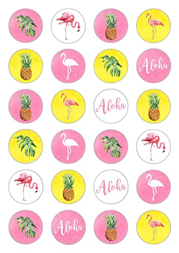 24 x Flamingo Aloha Tropische Hawaii Mottoparty Essbare Reiswafferpapier Cupcake Topper Dekorationen Geburtstagstorte Feier Ananas Monstera Blätter von ediblecakedecorations