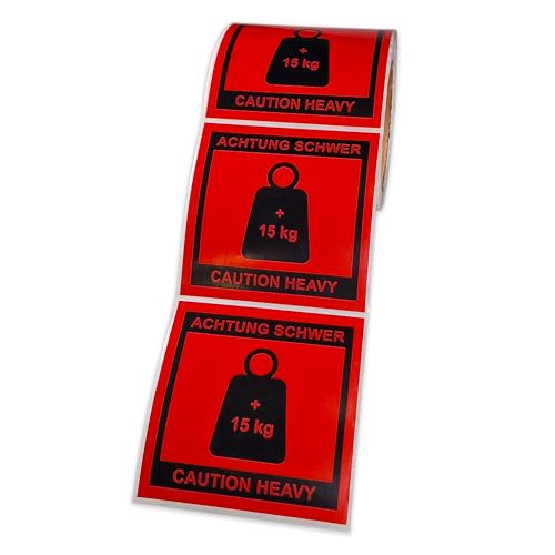 Aufkleber Achtung schweres Paket 250 Stück Versandetiketten Caution Heavy +15 kg Karton Sticker 10 x 10 cm Warnetiketten auf Rolle von effektivo