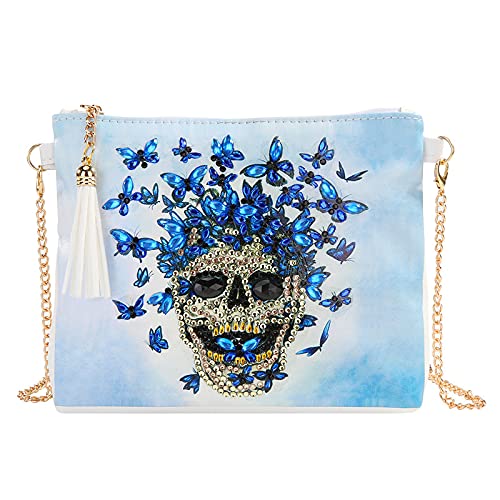 5D DIY Diamond Art Painting Messenger Bag mit Kette, Strass Malerei Leder Reißverschlusstasche, handgemachte DIY Geldbörse Make-up Umhängetasche Erwachsene Kinder (blauer Schmetterling Totenkopf) von egjxal