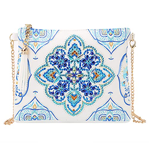 egjxal 5D DIY Diamond Art Painting Messenger Bag mit Kette, Strass Malerei Leder Reißverschlusstasche, handgemachte DIY Geldbörse Make-up Umhängetasche Erwachsene Kinder (Blau Mandala) von egjxal