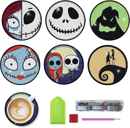 egjxal 6pcs Diamond Art Coasters Diamond Art Coaster Set with Holder Diamond Craft Art Painting Coasters DIY Coasters Diamond Painting Set for Kids and Adults Beginners (Poker Skull Couple) von egjxal