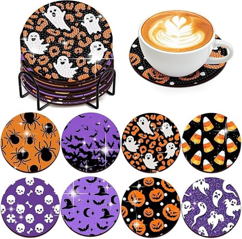 egjxal 8 Diamond Art Coasters Diamond Art Coaster Set with Holder Diamond Craft Art Painting Coasters DIY Coasters Diamond Painting Set for Kids and Adults Beginners (Halloween Ghost) von egjxal