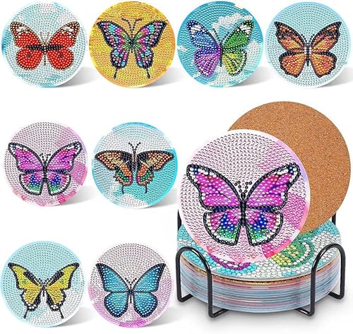 egjxal 8pcs Diamond Art Coasters Diamond Art Coaster Set with Holder Diamond Craft Art Painting Coasters DIY Coasters Diamond Painting Set for Kids and Adults Beginners (Butterfly) von egjxal