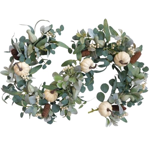 Egolot 178,8 cm große Herbstgirlande mit weißen Kürbis, grüne Blätter, Girlande mit Beeren, Tannenzapfen, Kürbis für drinnen und draußen, Herbst-Heimdekoration von egolot