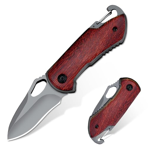 eiloszf Klappmesser Holzgriff, Jagd Camping Taschenmesser, Einhändig Klein Messer,Einhandmesser Outdoor Mini Klein Taschenwerkzeug Gürtelmesser (Grau+Rot) von eiloszf