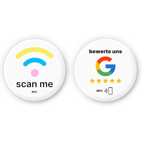 Mix-Set aus 1x Google Bewertungs- & 1x Scan Me NFC Sticker – verlinkbar zur Bewertungsseite, Webseite, digitalen Visitenkarte u. v. m. – frei programmierbar – 3 cm Ø von einfachsachen