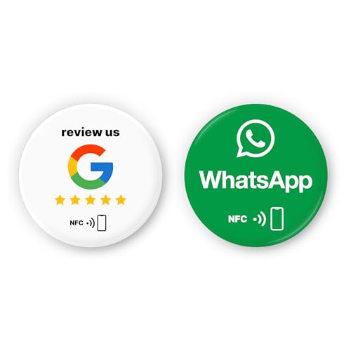 Mix Set english: 1x NFC Sticker for Google + 1x WhatsApp NFC Sticker – Self-Programmable, Reusable – 3M Adhesive – 3 cm Ø – Boost Reviews & Instant Messaging Access von einfachsachen