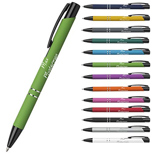 Personalisierter Kugelschreiber mit Gravur - personalisierte Geschenkidee für Weihnachten - hochwertiger Stift mit Gravur Einzeilig oder Zweizeilig - kleines Geschenk für Kollegen (Hellgrün-Gummiert) von elasto