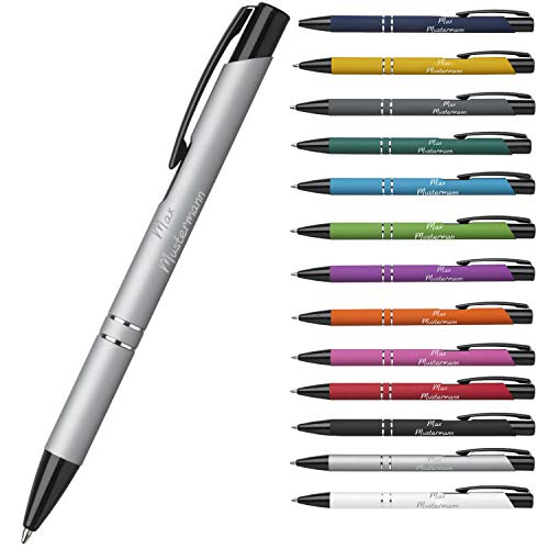 Personalisierter Kugelschreiber mit Gravur - personalisierte Geschenkidee für Weihnachten - hochwertiger Stift mit Gravur Einzeilig oder Zweizeilig - kleines Geschenk für Kollegen (Silber-Gummiert) von elasto
