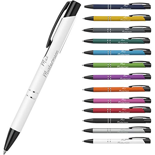 Personalisierter Kugelschreiber mit Gravur - personalisierte Geschenkidee für Weihnachten - hochwertiger Stift mit Gravur Einzeilig oder Zweizeilig - kleines Geschenk für Kollegen (Weiß-Gummiert) von elasto