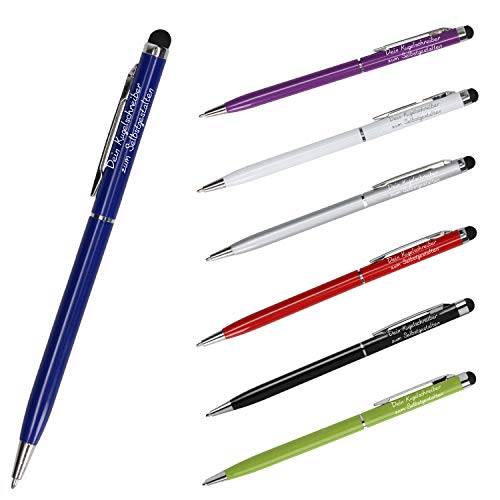 Premium Qualität - Personalisierter Kugelschreiber mit Gravur | Touchstift mit Name für Touchscreen-Geräte Universal | Schöner Metall- und Kunststoffmix (Blau) von elasto