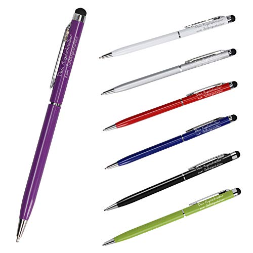 Premium Qualität - Personalisierter Kugelschreiber mit Gravur | Touchstift mit Name für Touchscreen-Geräte Universal | Schöner Metall- und Kunststoffmix (Lila) von elasto