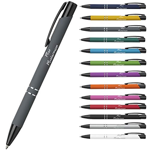 Personalisierter Kugelschreiber mit Gravur - personalisierte Geschenkidee für Weihnachten - hochwertiger Stift mit Gravur Einzeilig oder Zweizeilig - kleines Geschenk für Kollegen (Grau-Gummiert) von elasto