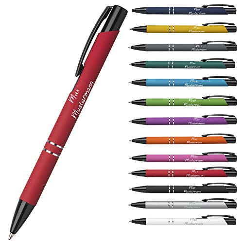 elasto Personalisierter Kugelschreiber mit Gravur - Rot-gummiert, Einziehbar, Metall, Blau, Unisex, 0.3mm, Schulbedarf, Bürobedarf von elasto