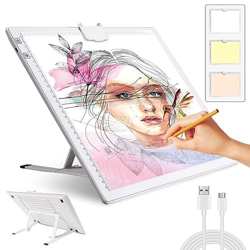 A3 Leuchttisch,Wiederaufladbar Led Licht Pad 3 Farben stufenlos dimmbar und 6 Helligkeitsstufen Leuchttafel zum Nachzeichnen,wiederaufladbare LED-Kopiertafel für Diamond Painting,Zeichnung,Skizzie von elice