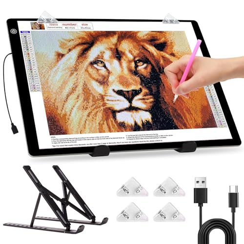 elice Leuchttisch A3,4800 Lux sehr hell 5mm Ultra dünn Light Pad für 5D Diamond Painting Zubehör,Dimmbarer Leuchtplatte mit Faltbar Ständer/clips,lichtpad a3 für Designen,Zeichnen Skizzieren,Tattoo von elice