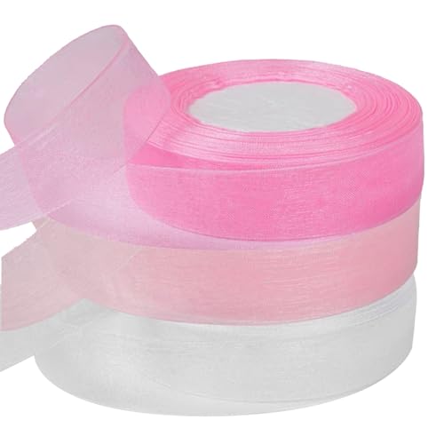 elook Transparentes Organzaband, 2,5 cm x 45 m je Bänder für Geschenkverpackungen, Bastelarbeiten, Bänder zum Basteln, Chiffonband, Hochzeits-Party-Dekorationen, 3 Rollen von elook