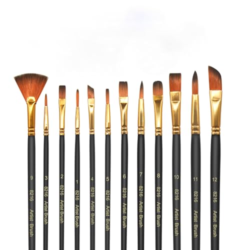 elzle 12 Stück PinselSet,Nylonpinselset Acrylfarben Kunstpinsel, Feiner Pinsel,Stifte mit Glatter Spitze, Korpus aus Holz,Geeignet für Acrylfarben,Aquarelle,Öle und Gouache von elzle