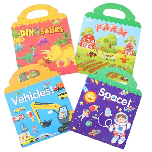 elzle 4 Pack Stickerbuch 3D-Transparentsticker Sticker Book Set Fahrzeuge,Weltraum Dinosaurier Bauernhof, Kinderspielzeug für 3 4 5 6 Jährige, Lernspielzeug, perfekte Wahl als Geschenk für ein Kind von elzle