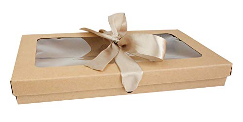 Emartbuy Packung mit 12 Stück Geschenkbox in Rechteckiger Form, 21 cm x 12.5 cm x 2.5 cm,Braune Kraft Schachtel mit Klarem Deckel und Satinband von emartbuy