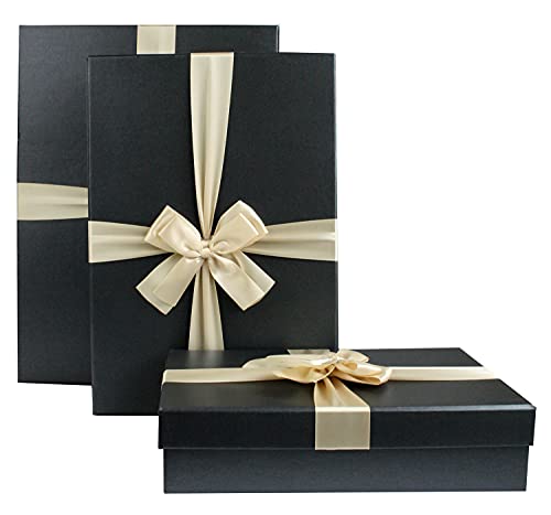 Emartbuy Set mit 3 starren Geschenkboxen, schwarze Box mit Deckel, cremefarbenes Satin-Dekoband und 200 g geschreddertes Papier in schwarz von emartbuy